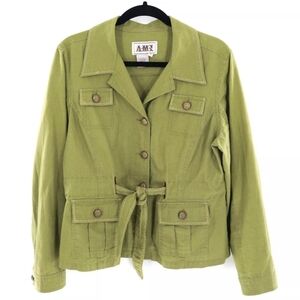 AMI Linen Military Jacket Womens L Earthy Green Tie Waist Collared Gold Buttons